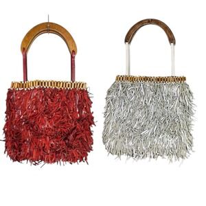 Lot 2 Leather‎ Fringe Shoulder Bags TRIBO Beaded Wood Handles Red Gray Boho Y2K